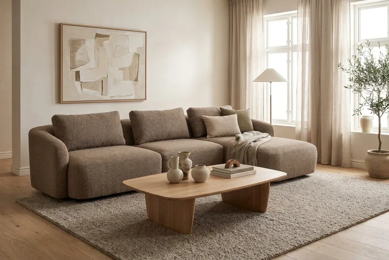 Milano avrundet 5-seters høyrevendt L-sofa med lav rygg i brun bouclé - Brun - Møbler - Sofaer - Sofaer med sjeselong