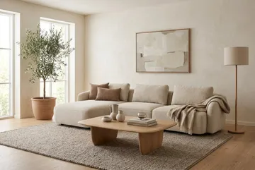 Milano avrundet 5-seters venstrevendt L-sofa med lav rygg i beige bouclé - Beige - Møbler - Sofaer - Sofaer med sjeselong