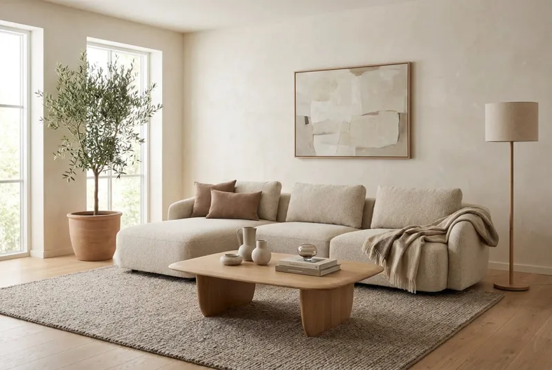 Milano avrundet 5-seters venstrevendt L-sofa med lav rygg i beige bouclé - Beige - Møbler - Sofaer - Sofaer med sjeselong