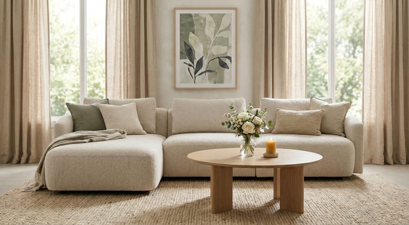 Milano avrundet 5-seters venstrevendt L-sofa med lav rygg i beige bouclé - Møbler - Sofaer - Sofaer med sjeselong