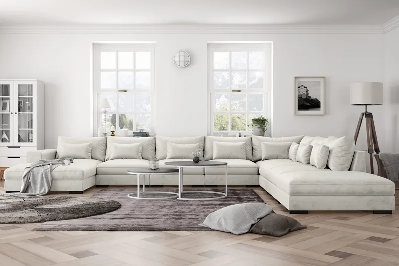 Dubai U-modulsofa Large med divan venstre fløyel ekstra dyp - Hvit - Møbler - Sofaer - Modulsofaer - Komplett modulsofa