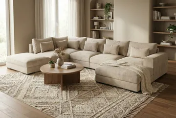 Dubai U-modulsofa med divan høyre ekstra dyp i Chenille - Beige - Møbler - Sofaer - Modulsofaer - Komplett modulsofa