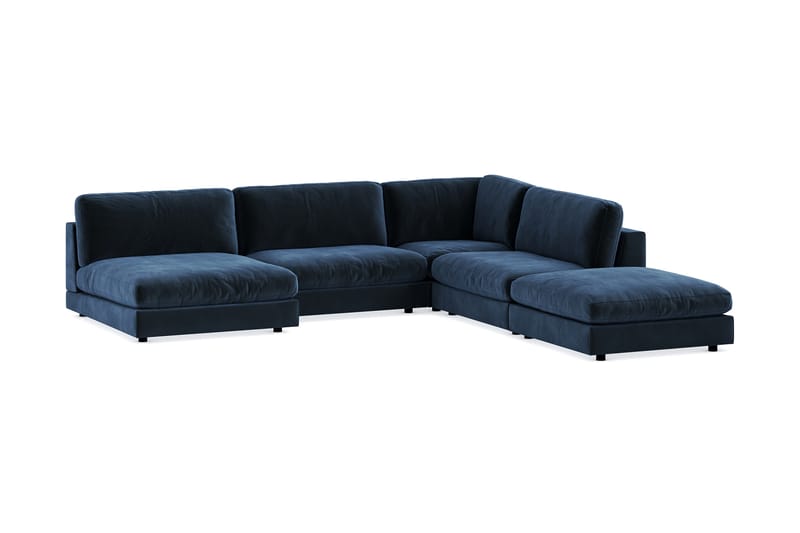 Arken 6-seters Vendbar L-formet Modulhjørnesofa med Divan + Fotskammel i Fløyel - Blå - Møbler - Sofaer - Modulsofaer - Komplett modulsofa