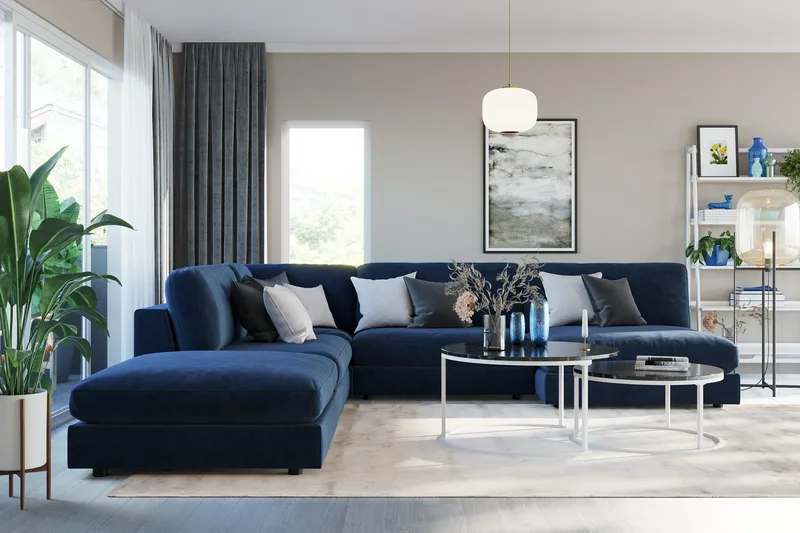 Arken 6-seters Vendbar L-formet Modulhjørnesofa med Divan + Fotskammel i Fløyel - Blå - Møbler - Sofaer - Modulsofaer - Komplett modulsofa