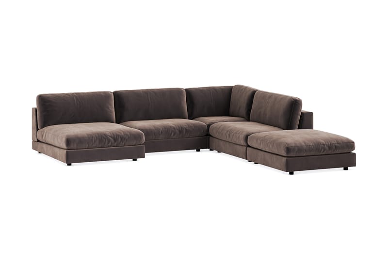 Arken 6-seters Vendbar L-formet Modulhjørnesofa med Divan + Fotskammel i Fløyel - Brun - Møbler - Sofaer - Modulsofaer - Komplett modulsofa