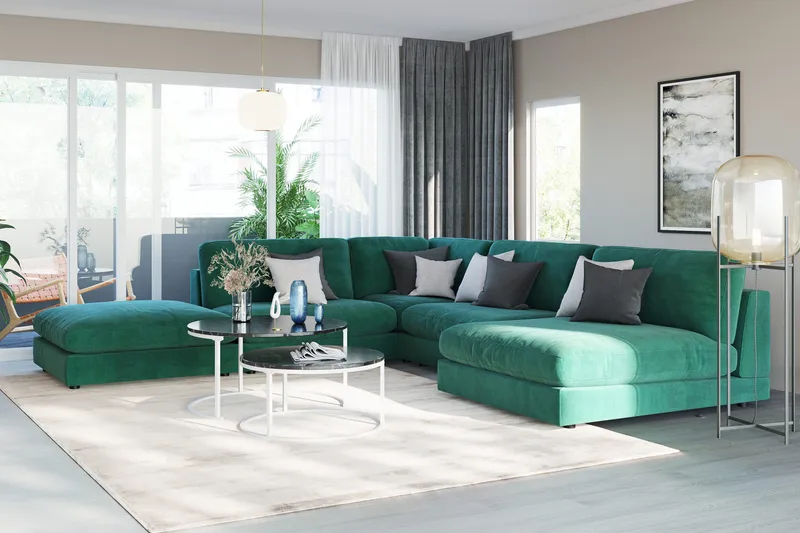 Arken 6-seters Vendbar L-formet Modulhjørnesofa med Divan + Fotskammel i Fløyel - Grønn - Møbler - Sofaer - Modulsofaer - Komplett modulsofa