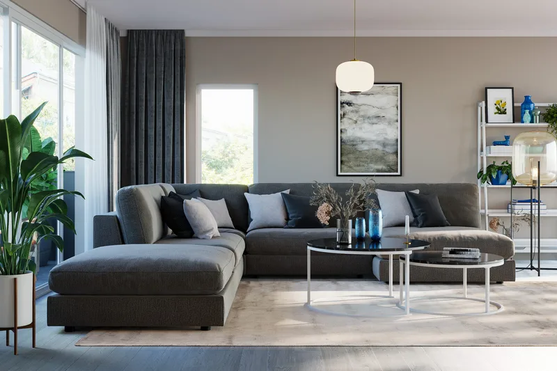 Arken 6-seters Vendbar L-formet Modulhjørnesofa med Divan + Fotskammel i Fløyel - Mørk grå - Møbler - Sofaer - Modulsofaer - Komplett modulsofa