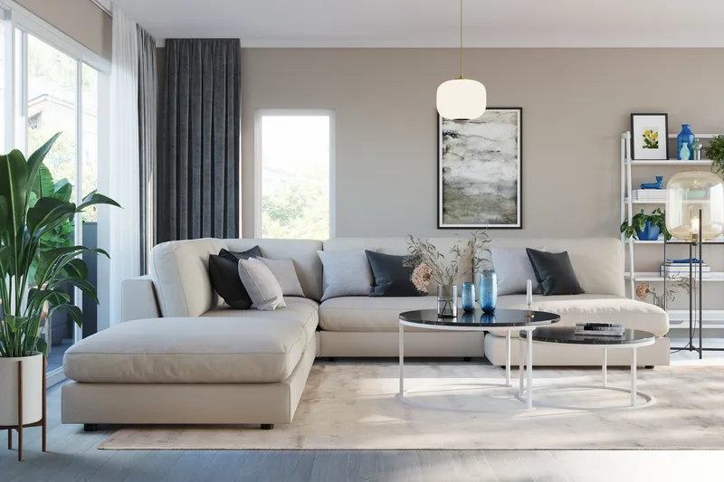 Arken 6-seters Vendbar L-formet Modulhjørnesofa med Divan + Fotskammel i Stoff - Beige - Møbler - Sofaer - Modulsofaer - Komplett modulsofa