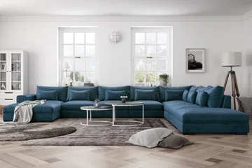 Dubai U-modulsofa Large med divan venstre fløyel ekstra dyp - Blå - Møbler - Sofaer - Fløyelssofaer