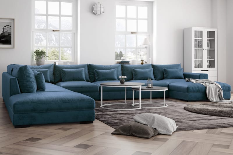 Dubai U-modulsofa med divan høyre fløyel ekstra dyp, Blå