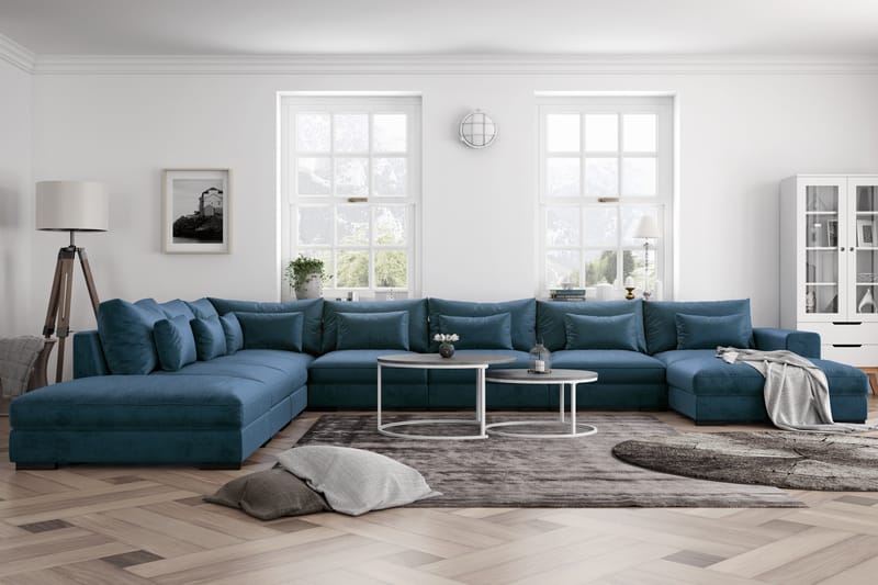 U-modulsofa Dubai Large med Divan Høyre Fløyel - Blå - Møbler - Sofaer - Modulsofaer - Komplett modulsofa