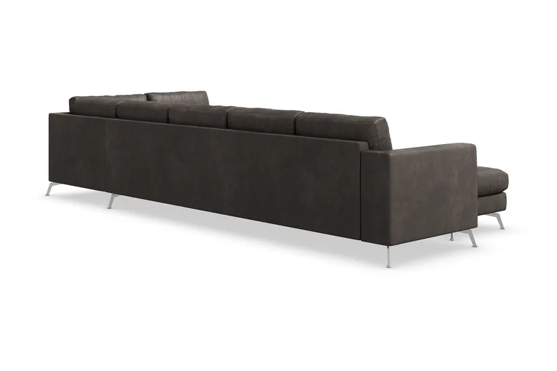 Ocean Lyx 6-seters Høyrevendt U-formet Sofa med Divan og Sjeselong + Fotskammel i Kunstlær - Mørk grå - Møbler - Sofaer - Skinnsofaer
