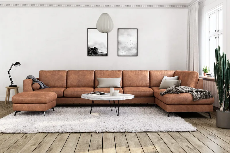 Ocean Lyx 6-seters høyrevendt U-formet sofa med divan og sjeselong + fotskammel i kunstskinn - Brun - Møbler - Sofaer - Skinnsofaer