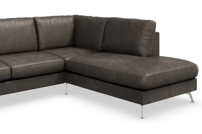 Ocean Lyx 6-seters høyrevendt U-formet sofa med divan og sjeselong + fotskammel i kunstskinn - Mørkegrå - Møbler - Sofaer - Skinnsofaer