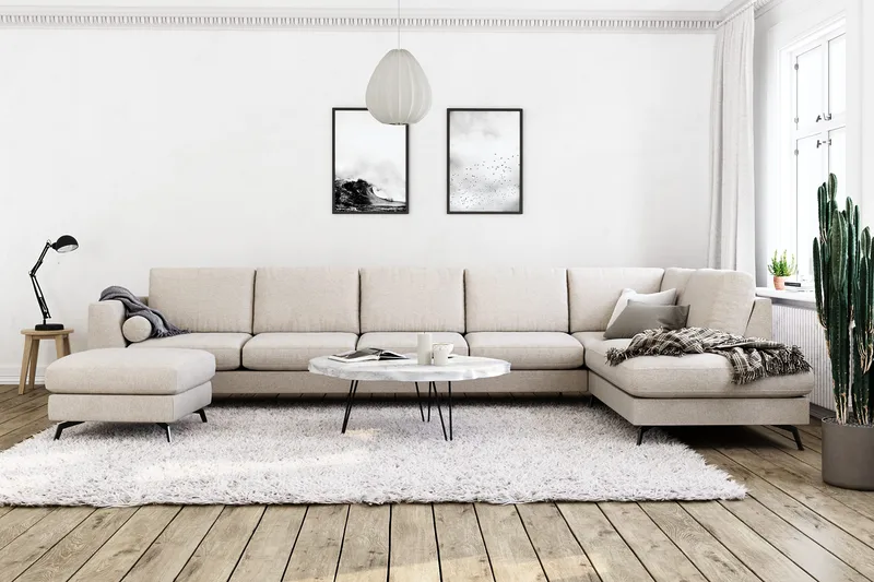 Ocean Lyx 6-seters Høyrevendt U-formet Sofa med Divan og Sjeselong + Fotskammel i Stoff - Beige - Møbler - Sofaer - U-sofa