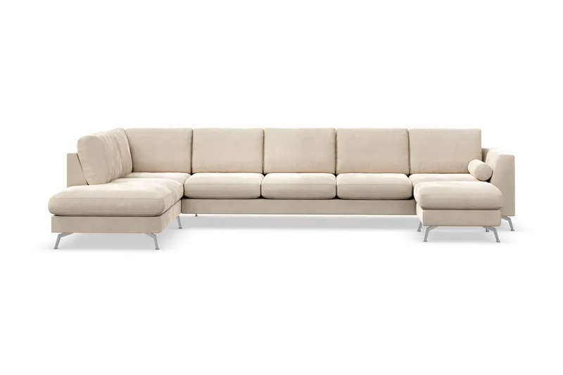 Ocean Lyx 6-seters Venstrevendt U-formet Sofa med Divan og Sjeselong + Fotskammel i Fløyel - Beige - Møbler - Sofaer - Fløyelssofaer