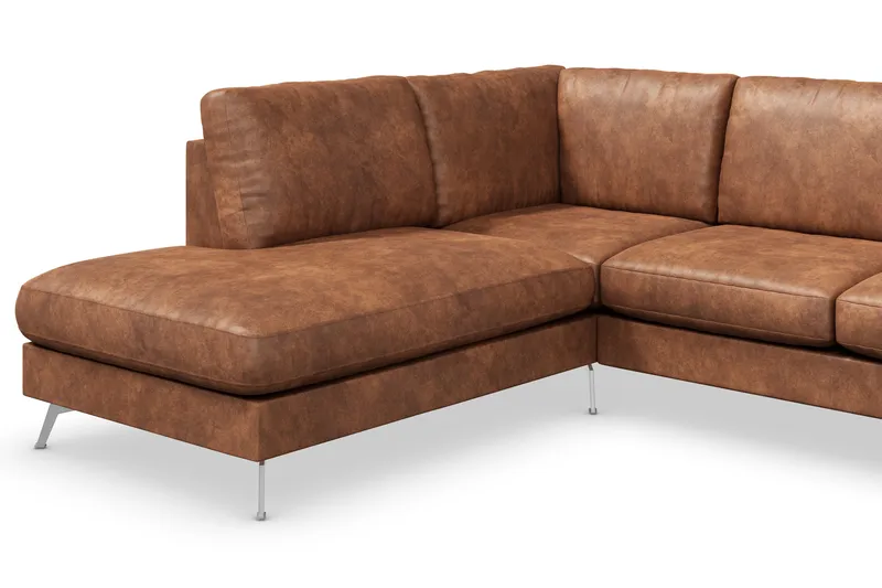 Ocean Lyx 6-seters Venstrevendt U-formet Sofa med Divan og Sjeselong + Fotskammel i Kunstlær - Brun - Møbler - Sofaer - Skinnsofaer