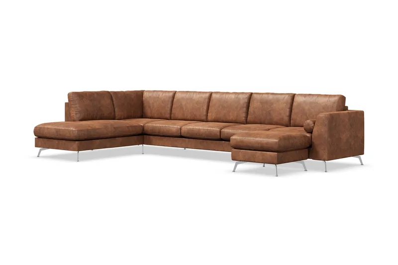 Ocean Lyx 6-seters Venstrevendt U-formet Sofa med Divan og Sjeselong + Fotskammel i Kunstlær - Brun - Møbler - Sofaer - Skinnsofaer