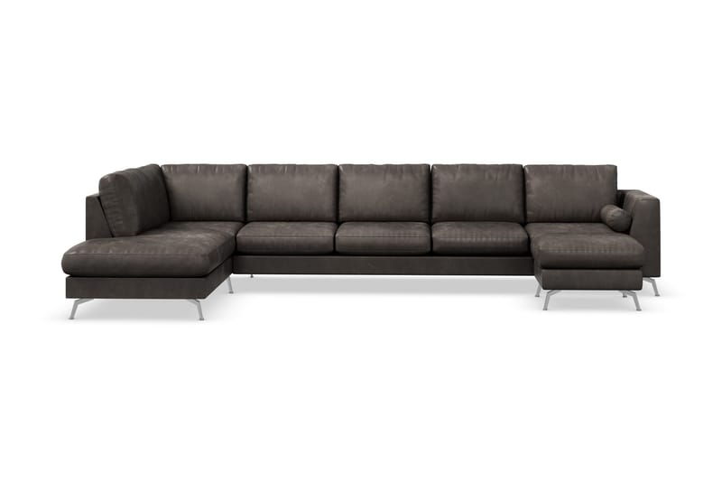 Ocean Lyx 6-seters Venstrevendt U-formet Sofa med Divan og Sjeselong + Fotskammel i Kunstlær - Mørk grå - Møbler - Sofaer - Skinnsofaer
