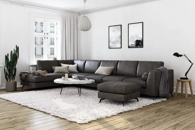 Ocean Lyx 6-seters Venstrevendt U-formet Sofa med Divan og Sjeselong + Fotskammel i Kunstlær - Mørk grå - Møbler - Sofaer - Skinnsofaer