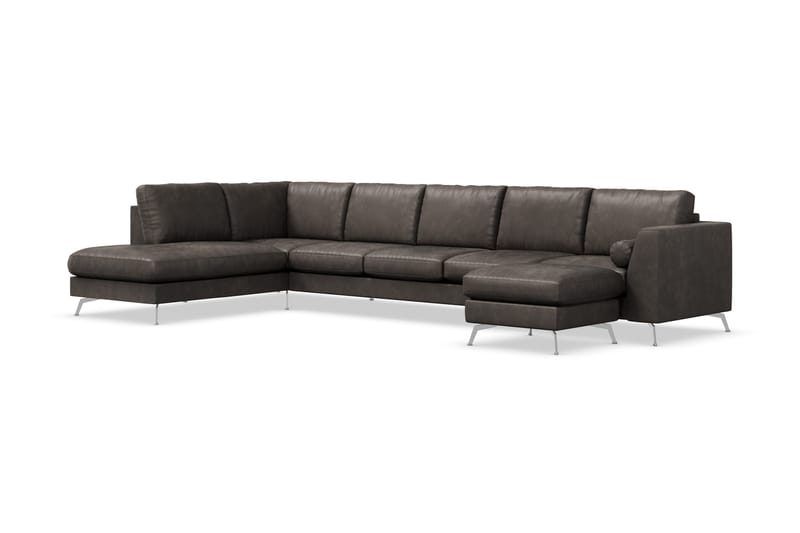 Ocean Lyx 6-seters Venstrevendt U-formet Sofa med Divan og Sjeselong + Fotskammel i Kunstlær - Mørk grå - Møbler - Sofaer - Skinnsofaer