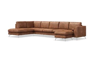Ocean Lyx 6-seters venstrevendt U-formet sofa med divan og sjeselong + fotskammel i kunstskinn - Brun - Møbler - Sofaer - Skinnsofaer