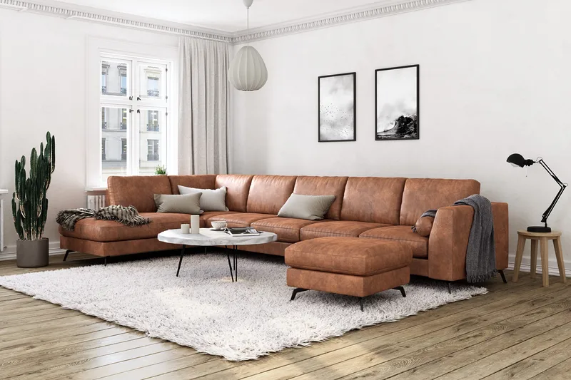 Ocean Lyx 6-seters venstrevendt U-formet sofa med divan og sjeselong + fotskammel i kunstskinn - Brun - Møbler - Sofaer - Skinnsofaer