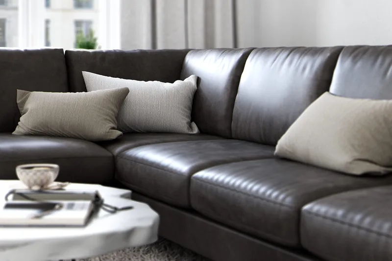 Ocean Lyx 6-seters venstrevendt U-formet sofa med divan og sjeselong + fotskammel i kunstskinn - Mørkegrå - Møbler - Sofaer - Skinnsofaer
