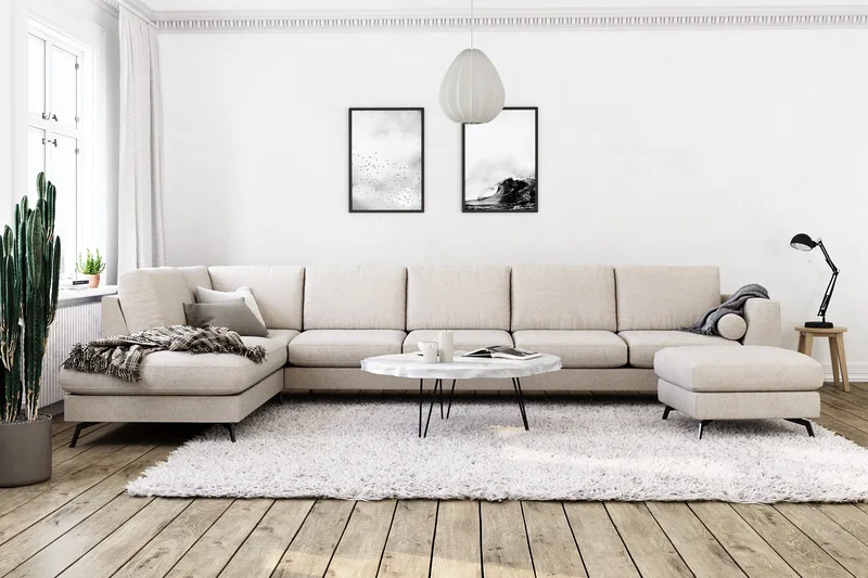 Ocean Lyx 6-seters Venstrevendt U-formet Sofa med Divan og Sjeselong + Fotskammel i Stoff - Beige - Møbler - Sofaer - U-sofa