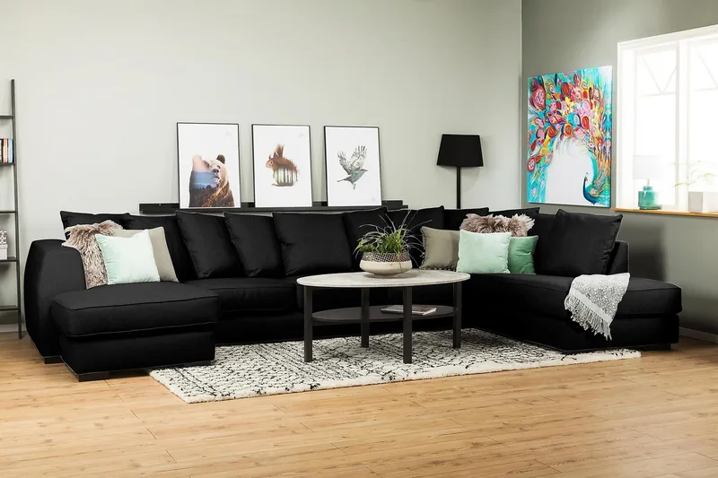 Optus 6-seters Høyrevendt U-formet Large Sofa med Divan og Sjeselong i Stoff inkl. Pynteputer - Svart - Møbler - Sofaer - U-sofa