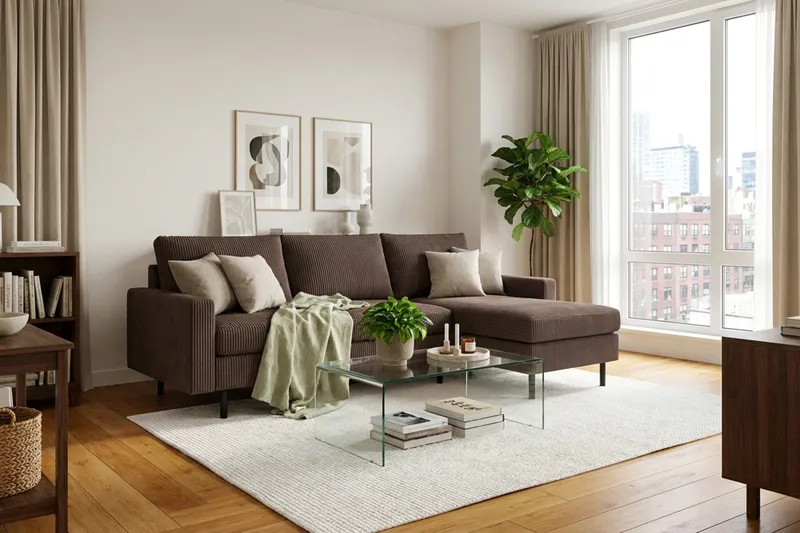 Peppe 3-seters Vendbar L-formet Divansofa i Manchester - Mørk brun - Møbler - Sofaer - Sofaer med sjeselong - 3 seters sofa med divan