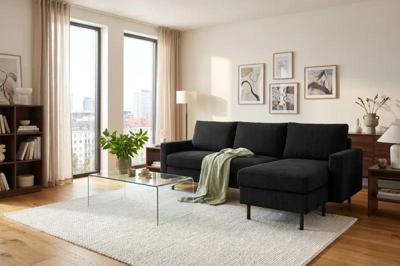 Peppe 3-seters Vendbar L-formet Divansofa i Manchester - Svart - Møbler - Sofaer - Sofaer med sjeselong - 3 seters sofa med divan