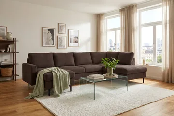 Peppe 4-seters Høyrevendt U-formet Sofa med Divan og Sjeselong i Manchester - Mørk brun - Møbler - Sofaer - Sofaer med sjeselong - 4 seters sofa med divan