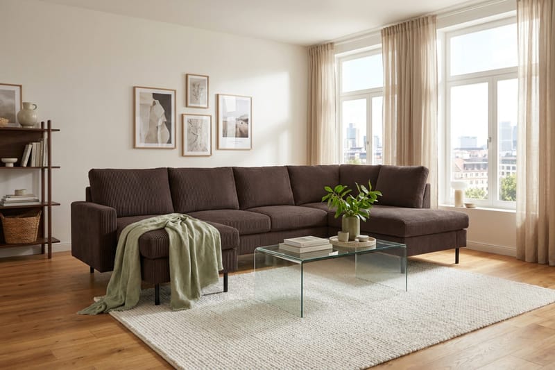 Peppe 4-seters Høyrevendt U-formet Sofa med Divan og Sjeselong i Manchester - Mørk brun - Møbler - Sofaer - Sofaer med sjeselong - 4 seters sofa med divan
