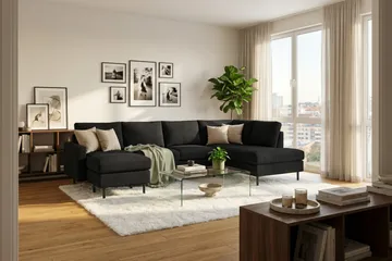 Peppe 4-seters Høyrevendt U-formet Sofa med Divan og Sjeselong i Manchester - Svart - Møbler - Sofaer - Sofaer med sjeselong - 4 seters sofa med divan