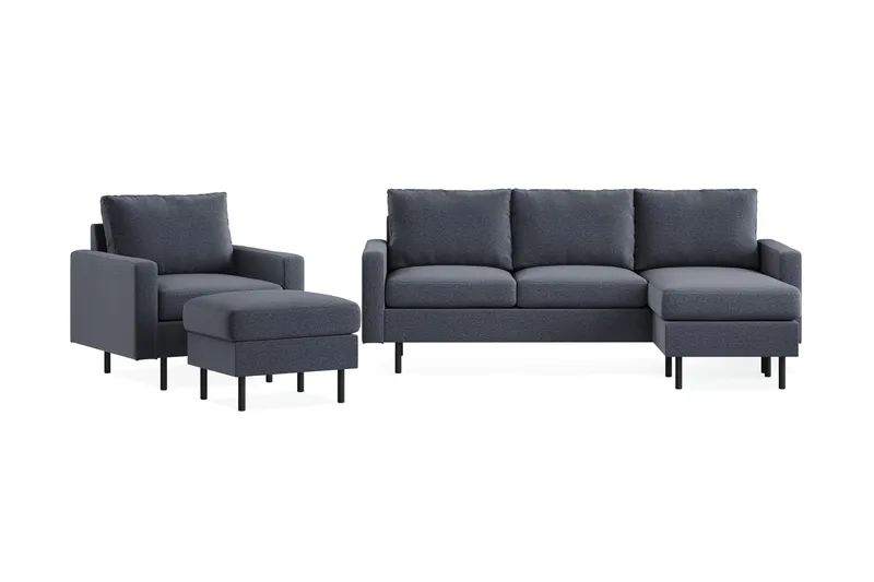 Peppe Sofagruppe 3-seter Vendbar L-formet Divansofa + Lenestol + Fotskammel i Stoff, Mørk grå