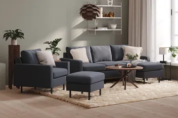 Peppe Sofagruppe 3-seter Vendbar L-formet Divansofa + Lenestol + Fotskammel i Stoff - Mørk grå - Møbler - Sofaer - Sofagrupper