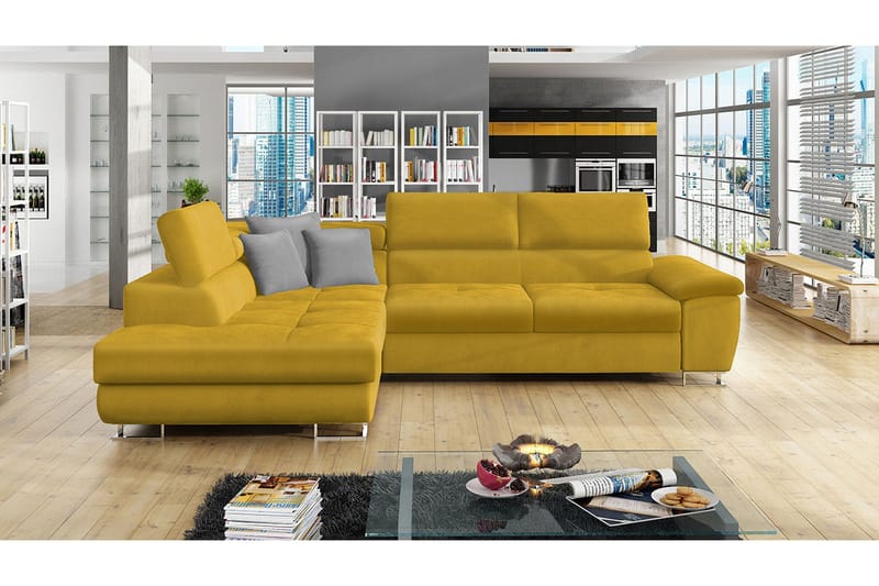 Reginia Sofa med Sjeselong 3-seter - Gul/Lys grå - Møbler - Sofaer - Fløyelssofaer