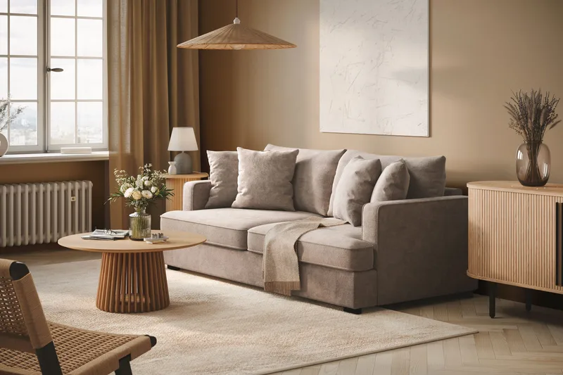 Rossita 3-seters Dyp Sofa i Chenille - Trenza 08, Grå/Brun Chenille - Møbler - Sofaer - 3 seter sofa
