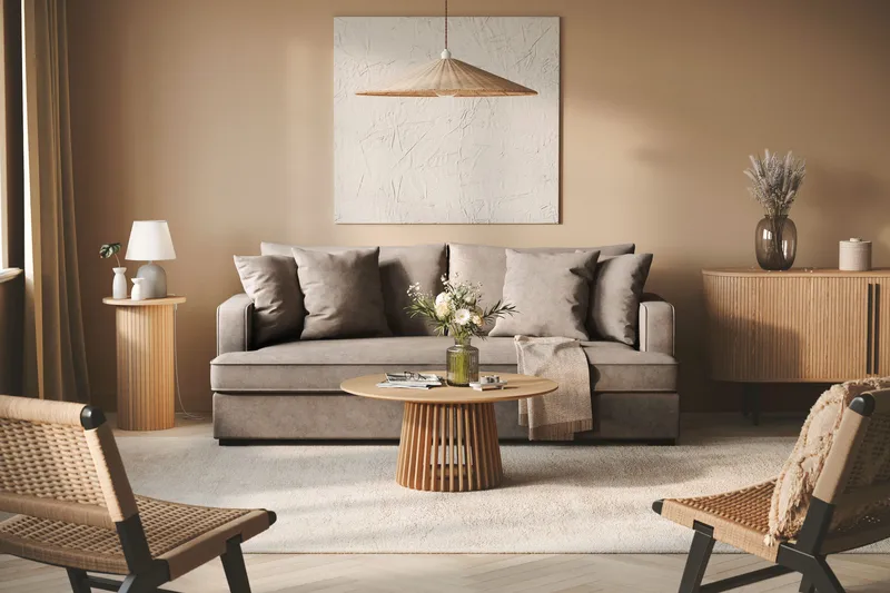 Rossita 3-seters Dyp Sofa med Hel Pute i Stoff - Brun - Møbler - Sofaer - 3 seter sofa