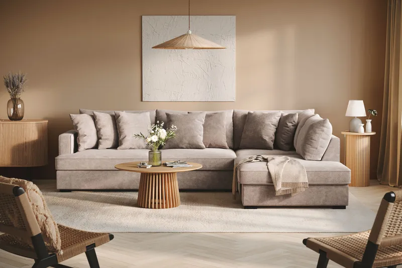 Rossita 4-seters Høyrevendt L-formet Dyp Sjeselongsofa i Chenille - Grå / Brun - Møbler - Sofaer - Sofaer med sjeselong - 4 seters sofa med divan