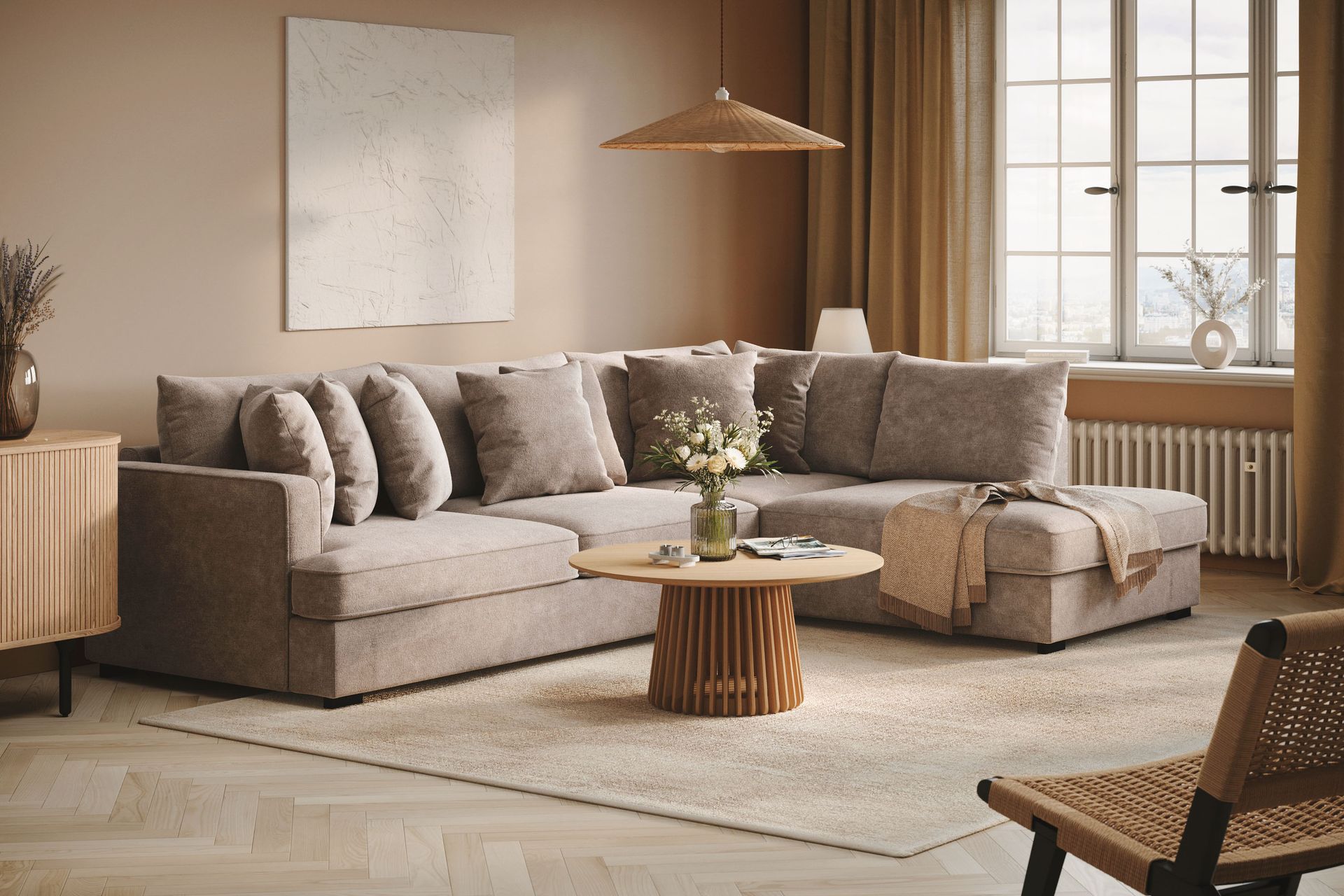 Rossita 4-seters Høyrevendt L-formet Dyp Sjeselongsofa i Chenille - Grå / Brun - Møbler - Sofaer - Sofaer med sjeselong - 4 seters sofa med divan