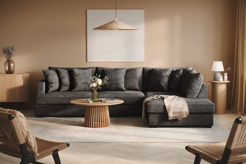 Rossita 4-seters Høyrevendt L-formet Dyp Sjeselongsofa i Chenille - Svart - Møbler - Sofaer - Sofaer med sjeselong - 4 seters sofa med divan