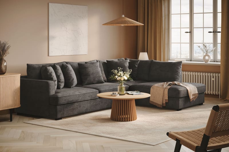 Rossita 4-seters Høyrevendt L-formet Dyp Sjeselongsofa i Chenille - Svart - Møbler - Sofaer - Sofaer med sjeselong - 4 seters sofa med divan