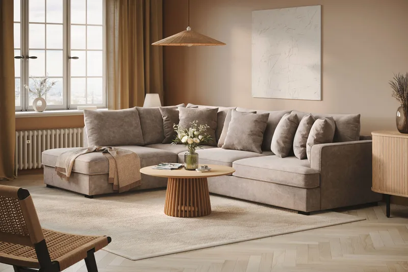 Rossita 4-seters Venstrevendt L-formet Dyp Sjeselongsofa i Chenille - Grå / Brun - Møbler - Sofaer - Sofaer med sjeselong - 4 seters sofa med divan