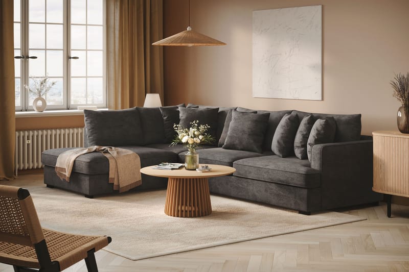 Rossita 4-seters Venstrevendt L-formet Dyp Sjeselongsofa i Chenille - Trenza 01, Svart Chenille - Møbler - Sofaer - Sofaer med sjeselong - 4 seters sofa med divan