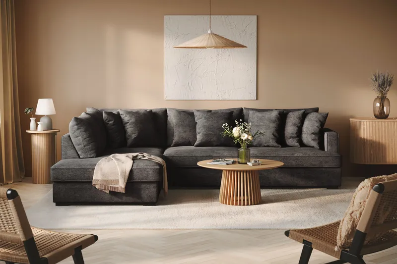 Rossita 4-seters Venstrevendt L-formet Dyp Sjeselongsofa i Chenille - Trenza 01, Svart Chenille - Møbler - Sofaer - Sofaer med sjeselong - 4 seters sofa med divan
