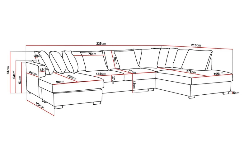 Rossita 5-seters Høyrevendt U-formet Dyp Sofa med Divan og Sjeselong i Chenille - Grå - Møbler - Sofaer - U-sofa