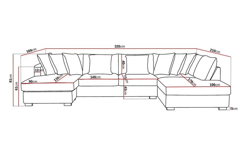 Rossita 5-seters Høyrevendt U-formet Dyp Sofa med Divan og Sjeselong i Stoff - Brun - Møbler - Sofaer - U-sofa