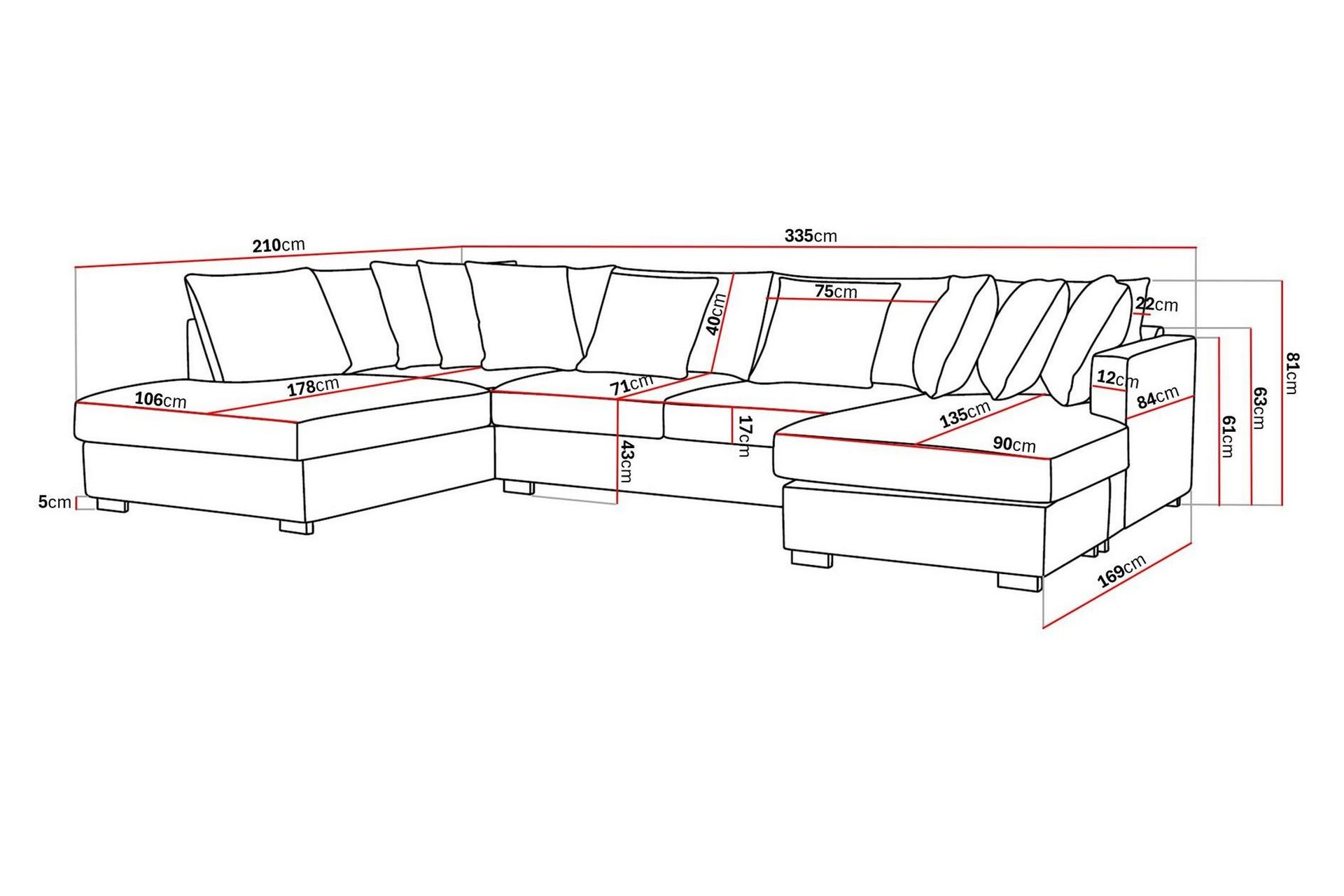 Rossita 5-seters Venstrevendt U-formet Dyp Sofa med Divan og Sjeselong i Chenille - Grå / Brun - Møbler - Sofaer - U-sofa